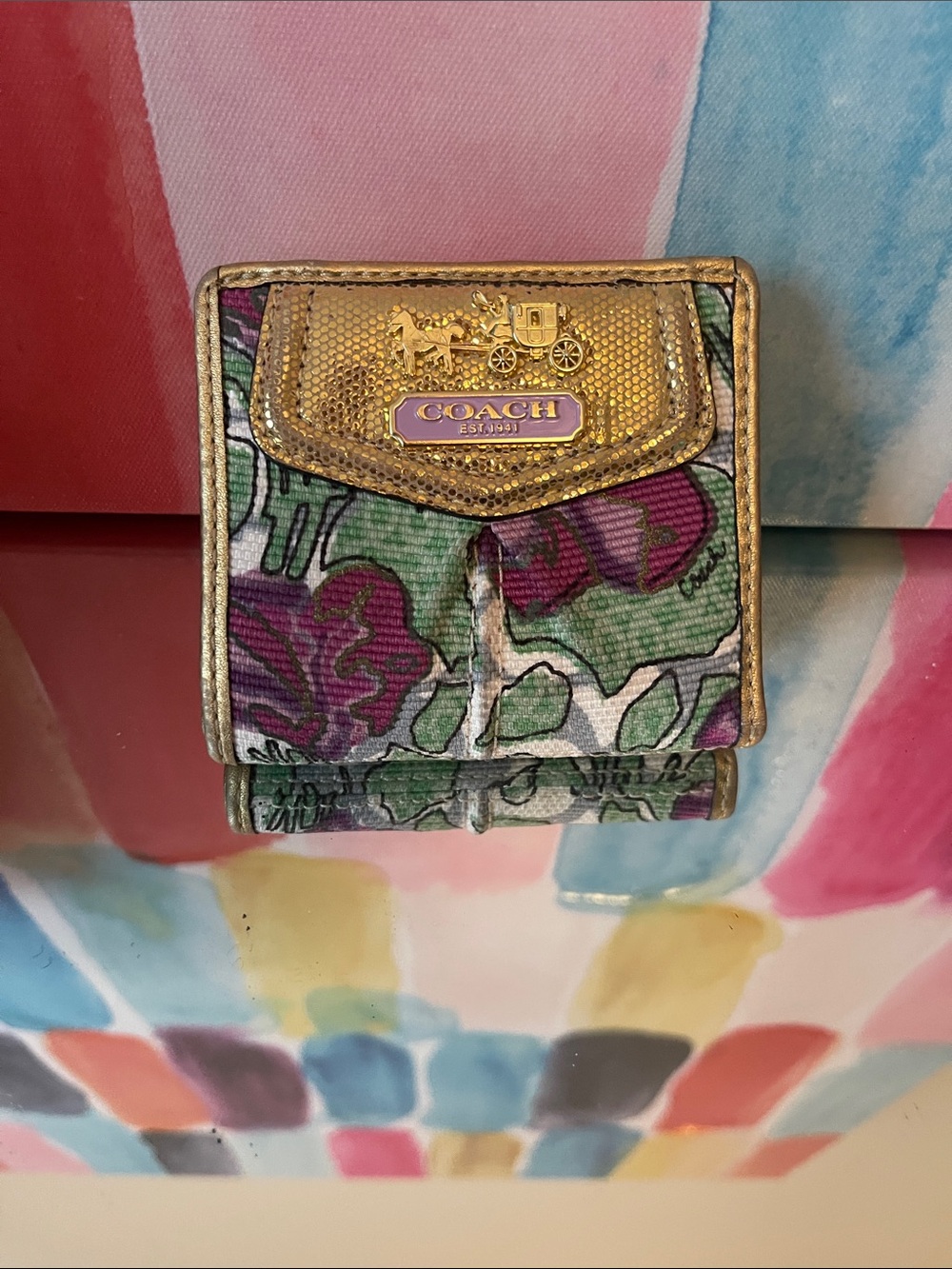 Coach Floral Canvas Mini Wallet in Green, Purple & Gold